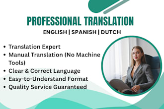 expertly translate book, article, blog, novel from english, to spanish, dutch