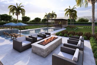 cgi 3d creative environment, landscape rendering, lush open yard, orchard corner