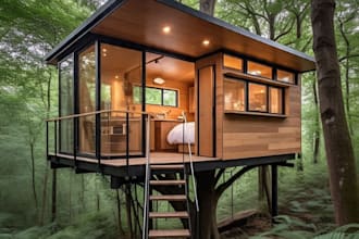 do 3d tree house modeled cozy  hut design,  relaxation and peace home