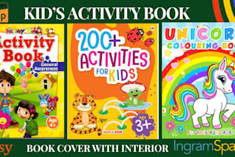 design kids activity book, coloring activity workbook, book cover for amazon kdp