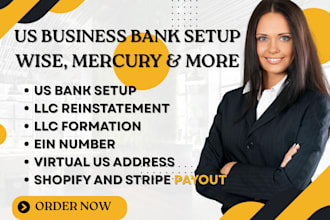 create USA business bank, wise, payoneer, stripe, mercury and address for llc
