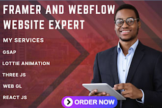 develop 3d animated framer webflow website webgl lottie gsap threejs react js