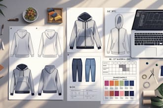 create fashion apparel clothing tech pack and mockups
