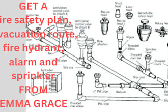 design fire safety plan, evacuation route, fire hydrant, alarm and sprinkler