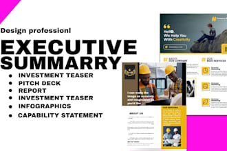 design one pager executive summary, investment teaser, infographics, sales sheet