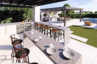 render 3d outdoor living, patio, lounge area design ,landscape home yard, gazebo