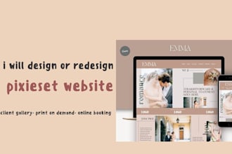 design pixieset website, client gallery, print on demand store, online booking