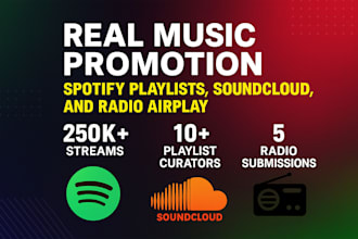 promote your music on spotify playlists, radio airplay, and soundcloud