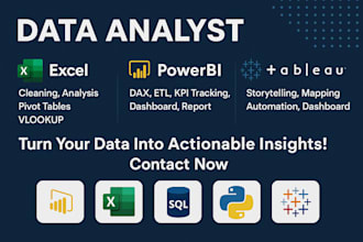 be your data analyst do analysis in excel and visualization in powerbi, tableau