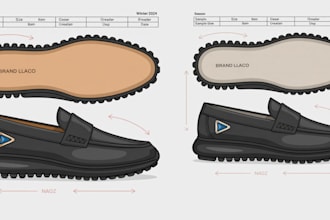 design 3d shoe tech pack sneakers heels flat sketch, footwear and shoe design