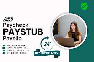 create urgent adp paystub, checkstub , w2,1040, 1090,1099