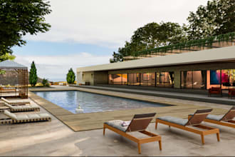 redesign 3d residential exterior, render 3d pool side,courtyard,garden,cgi image