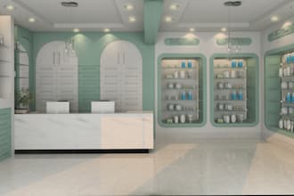 design and render 3d pharmacy clinic and medical store interiors