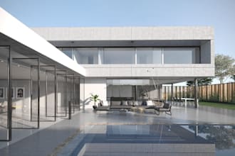 render 3d exterior house design, pitsou kedem, swimming pool, facade,lawn design