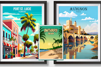 design custom vintage, retro, art deco or modern travel poster illustration