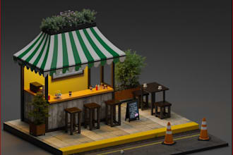 renew 3d modern coffee station,3d layout,HQ bar render, ice ream area,food truck