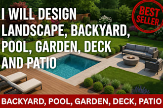 design landscape, backyard, pool, garden, deck, and patio