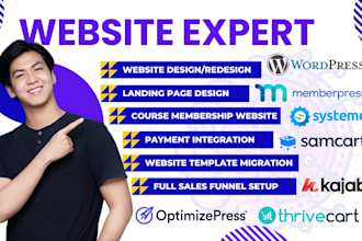 design sales funnel, membership landing page on optimizepress, kajabi, samcart