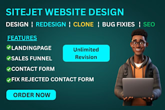 design and redesign sitejet website, fix rejected contact form, sales funnel