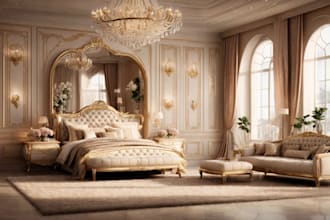 make 3d realistic ai powered interior design for living room, bedroom, office