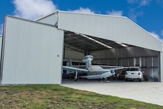 do a realistic 3d airplane hangar warehouse, showroom, airport facility design