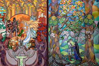 draw classic line art or colored stained glass art for home decor, characters