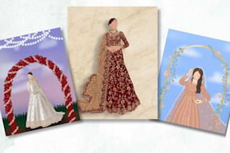 illustrate detailed bridal dress or invitation with bride and groom for you