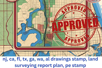 nj, ca, fl, tx, ga, wa, al drawings stamp, land surveying report plan, pe stamp