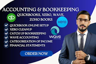 setup, clean up, catchup and bookkeeping in  quickbooks online, xero, wave, zoho