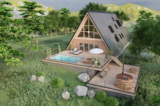 remodel3d vacation house,cabin design,forest lounge,exterior render,modular home