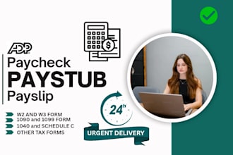 create urgent adp paystub, checkstub, w2, 1040, 1090
