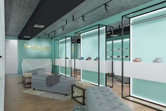 redesign 3d retail interior,boutique render,display shelves,cloth,shoe store,cgi