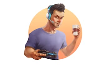design boy character playing video games logo