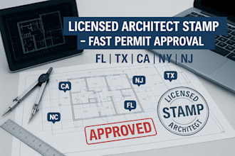 provide licensed architect stamp for permit approval in fl, tx, ca, ny, nj,nc,il