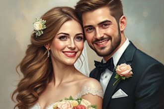 draw digital oil couple portrait, wedding painting