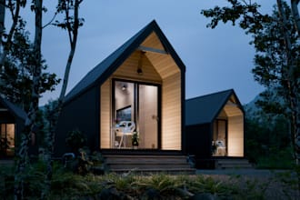 optimize 3d tiny house,modular home,roof design, interior layout, glass entrance