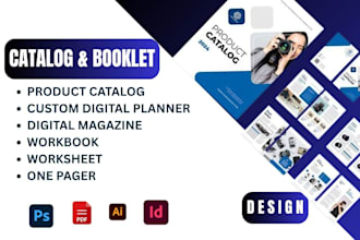 do editable planner product catalogue, one pager sales flyer, worksheet lookbook