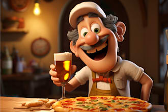 draw a funny cartoon character enjoying pizza in 3d style