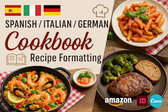design format spanish cookbook, italian recipe book, german keto diet recipe
