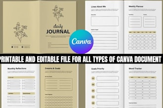 design editable canva booklet, journal tracker, workbook fillable PDF, calendar