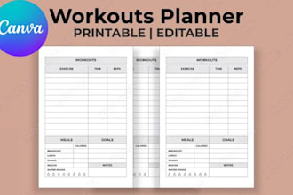 design editable canva journal planner, workout plan logbook, low content book