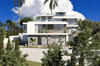 buildup architectural house landscape, real estate rendering, cgi villa exterior