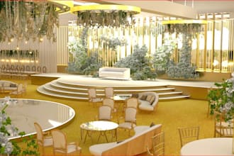 redesign 3devent hall,stunning backdrop render,cgi interior,custom furniture set