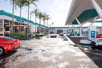 redesign 3d gas station,petrol filling station,mini store,car park,cgi rendering