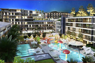 rebuild 3d luxury hotel exterior,beach resort,pool ranch,condo terrace,8k render