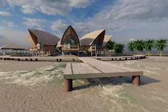 3d luxury hotel resort design, landscape, beachside resort, interior, exterior