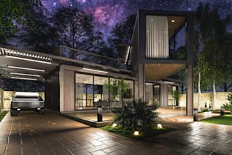 renew 3d summer house,cgi villa,night render, stunning interior, exterior design