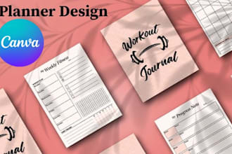design editable canva journal planner, workout plan logbook, low content book