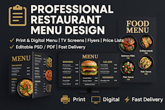 design restaurant menu, food flyer, digital menu board, and price list