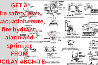design fire safety plan, evacuation route, fire hydrant, alarm and sprinkler